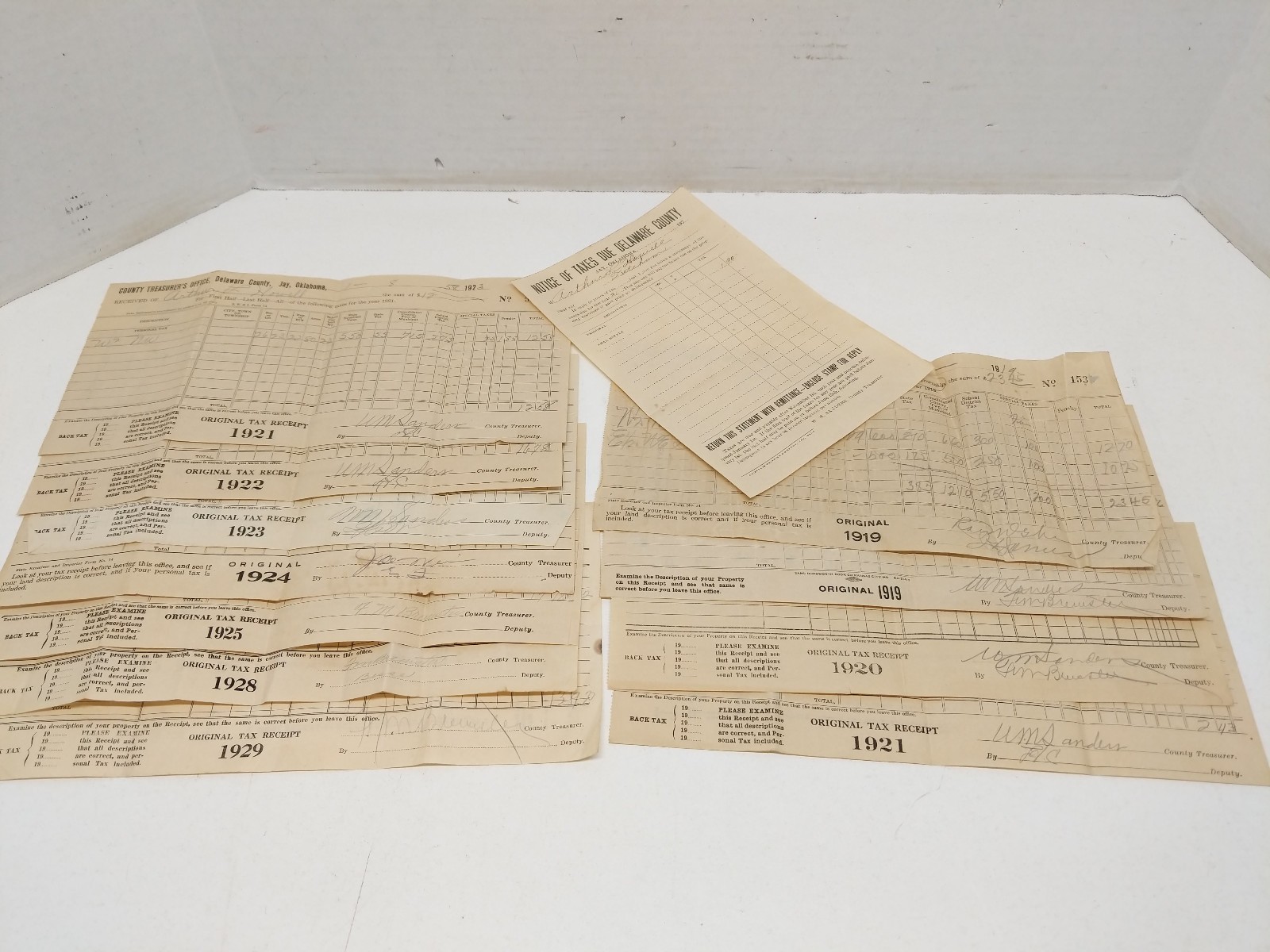 1919-1929 Oklahoma Original Tax Receipts, Delaware County - Ephemera Lot