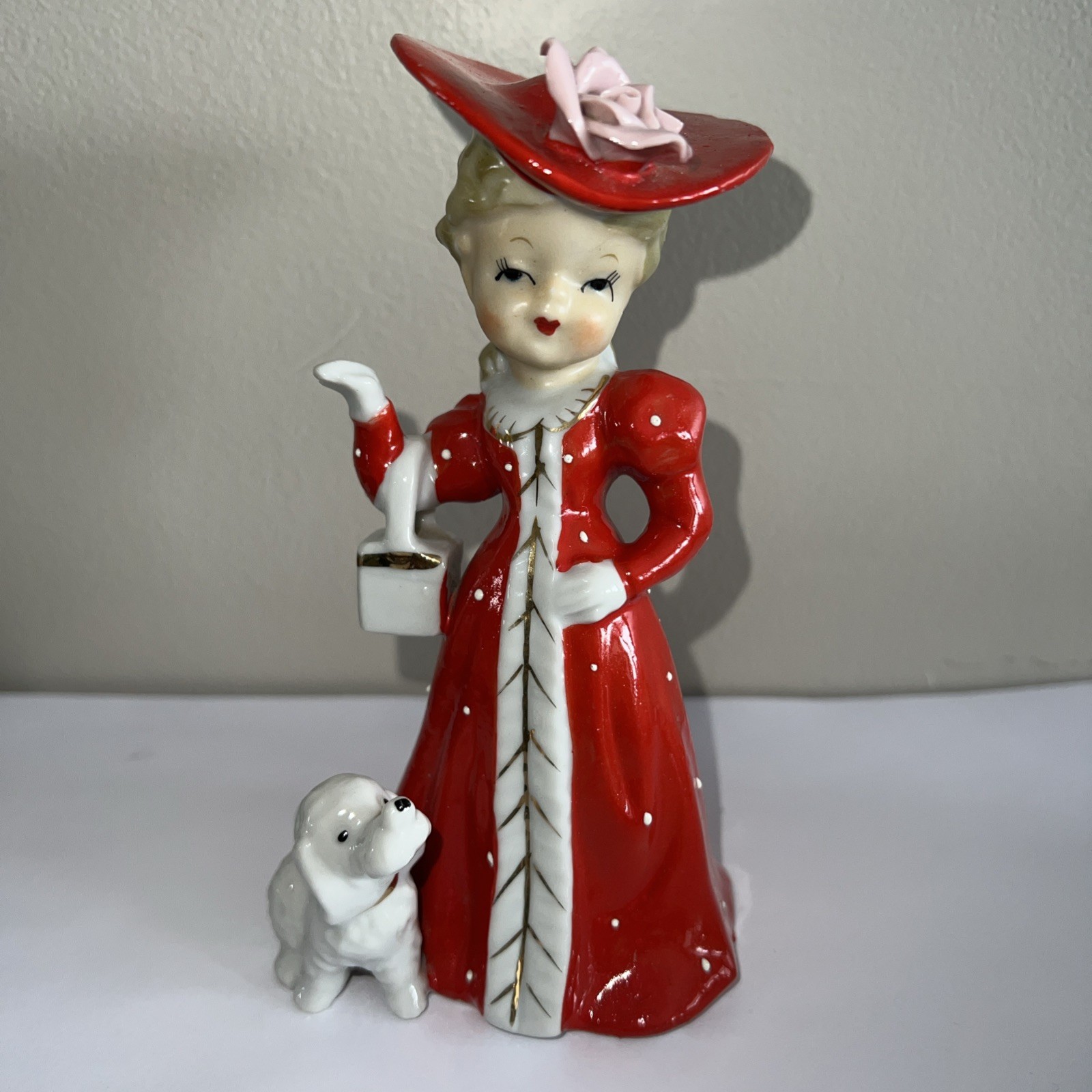 Vintage SHAFFORD Japan Red Dress Lady White Poodle Dog Figurine Gold 2056 As Is