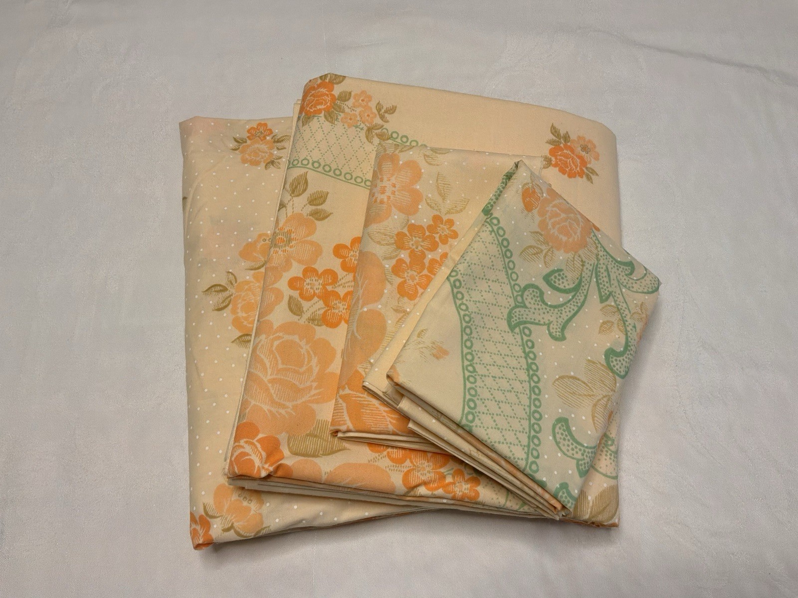 Vtg JCPenney No Iron Percale Double Bed Set Orange Green Floral Dot Boho 4 Pc
