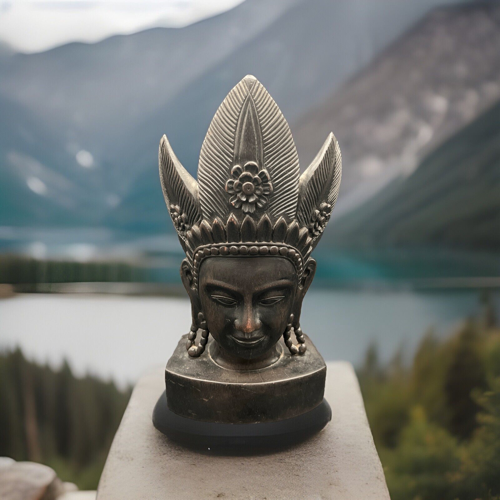 Vintage Hand Carved Cambodian Head Bust - 10.5” High