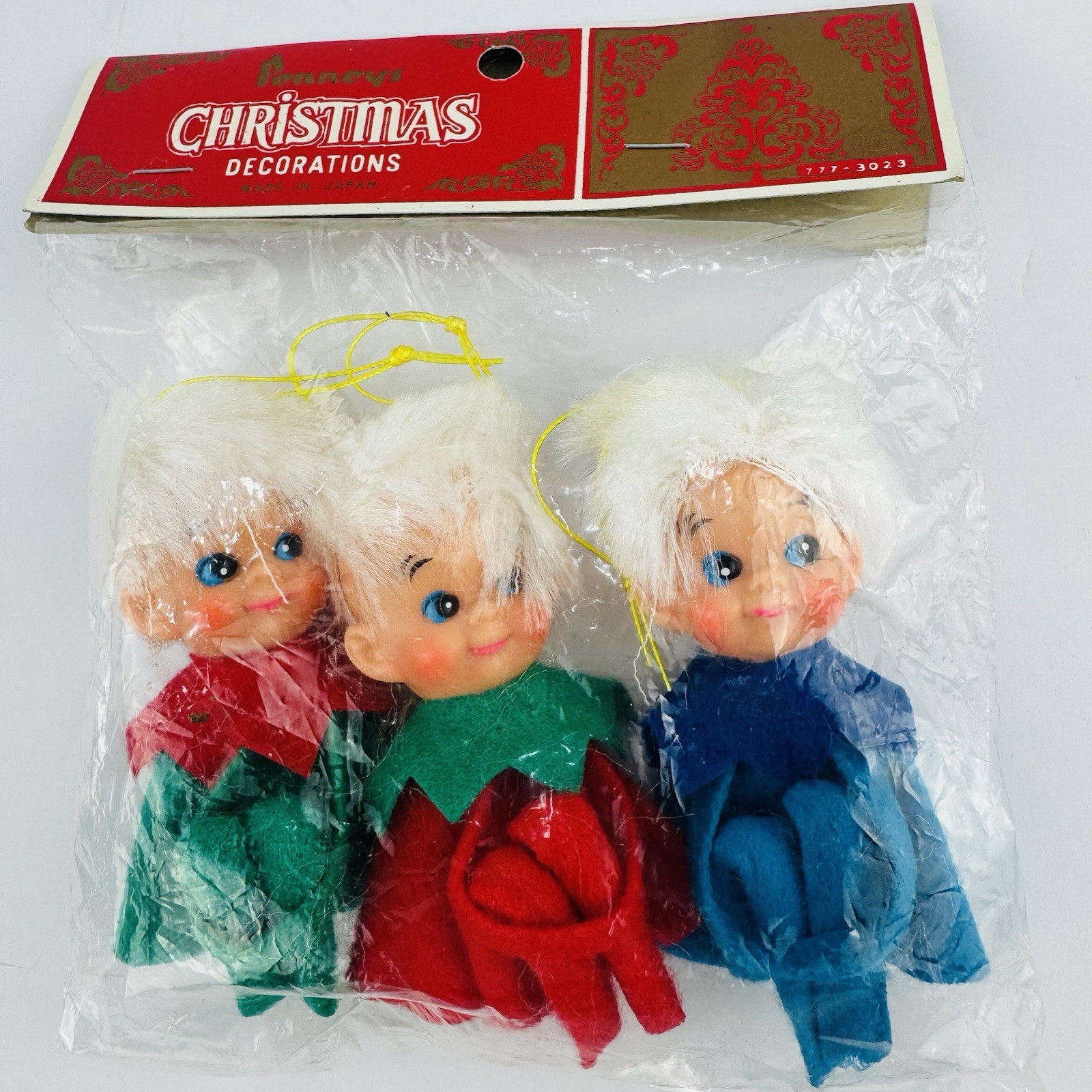 VTG Penneys Bent Knee Hugger Elf Christmas Ornaments Set 3 Felt Japan NOS MCM