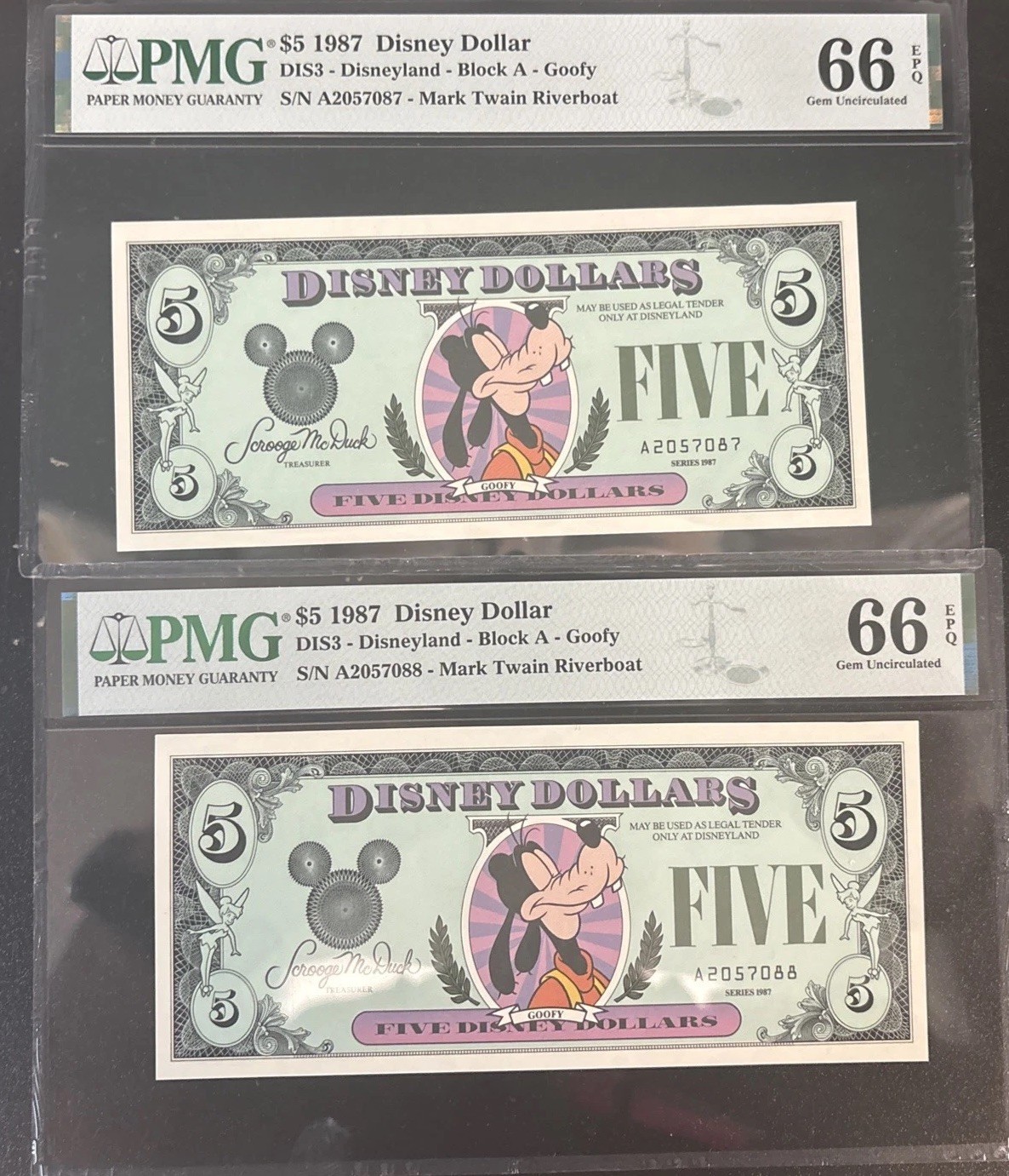 1987 $5 Disneyland Disney Dollars Goofy Sequential Pair PMG 66 EPQ DIS3