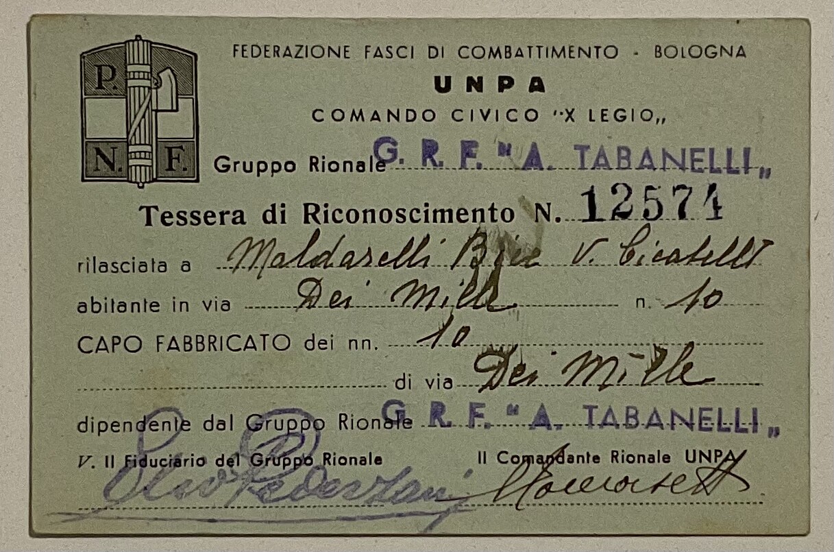 BOLOGNA X LEGIO GRF TABANELLI TESSERA UNPA 1941 UNIONE NAZ PREVENZIONE ANTIAEREA