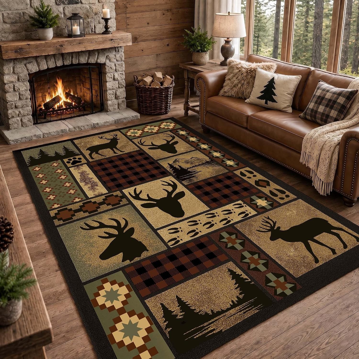 Rustic Cabin Area Rug 5'x8' for Wildlife Lovers, Deer Buffalo Plaid Lodge Design Rustic Cabin Area Rug 5'x8' for Wildlife Lovers, Deer Buffalo Plaid Lodge Design