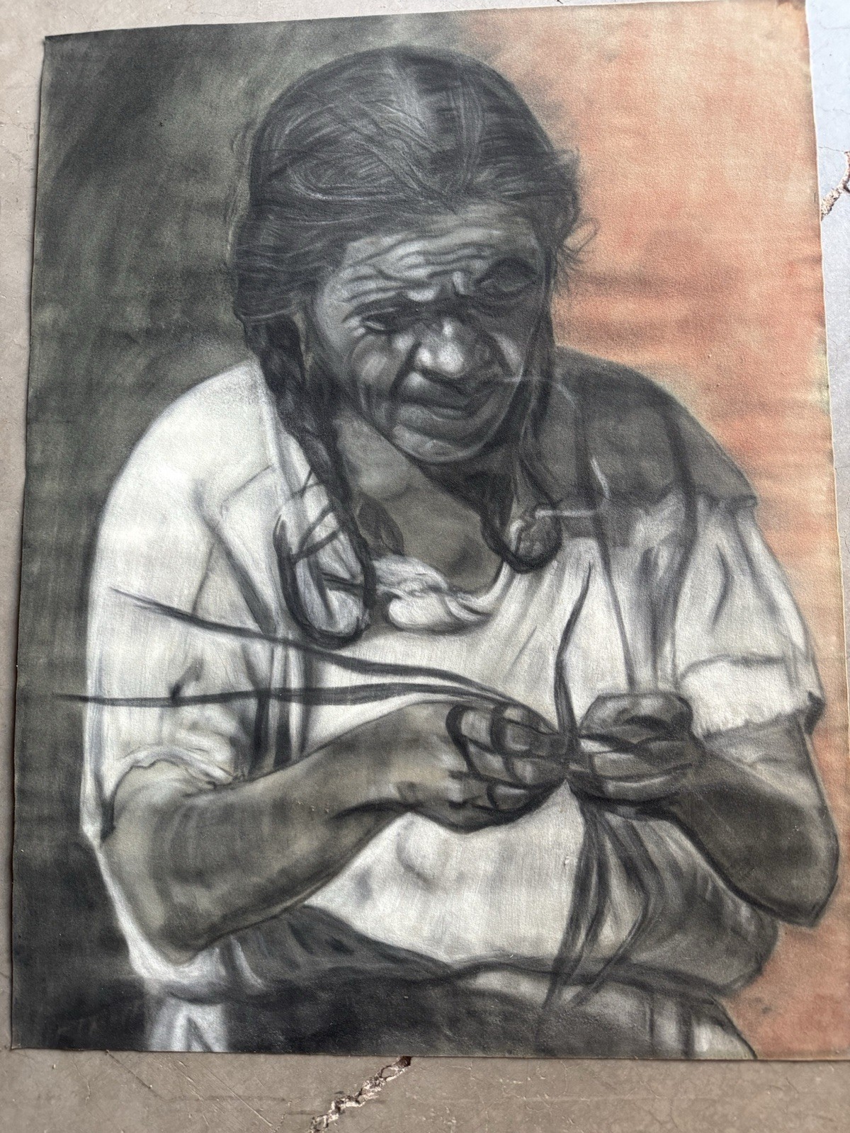 RARE ANTIQUE Charcoal Painting Native American Indian Art 25” x 18.5”MASTERPIECE