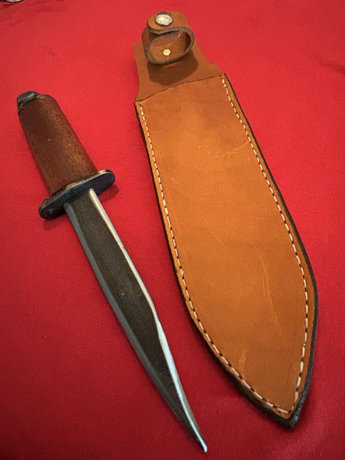 CUSTOM MILITARY KNIFE-NEW MAHOGANY GRIP-M5 STEEL GUARD-NEW SHEATH-6.75” BLADE
