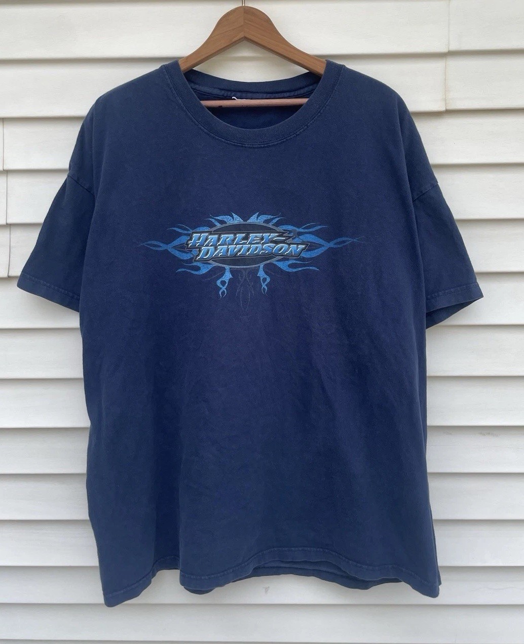 Vintage Harley-Davidson Blue flames Dudley Perkins Co. XXL T-Shirt 2002 flameer