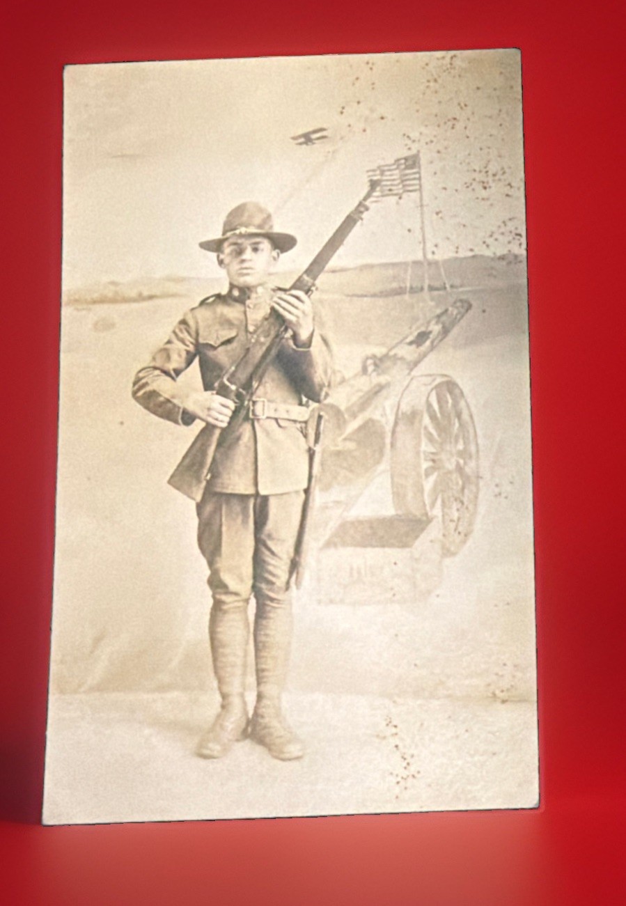 Antique WWI U.S. Soldier Real Photo Postcard – Rifle & Artillery Cannon RPPC
