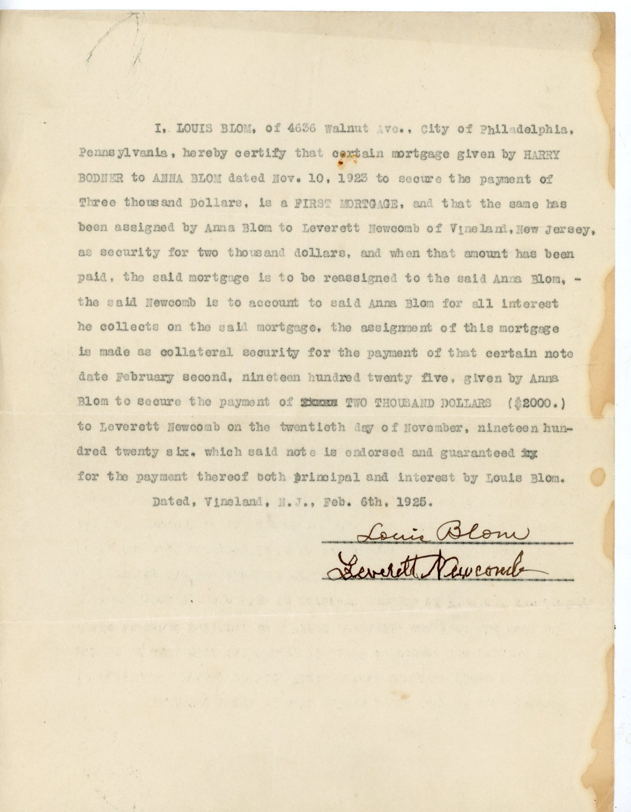 1925 Vineland NJ Document signed by Louis Blom & Leverett Newcomb Note
