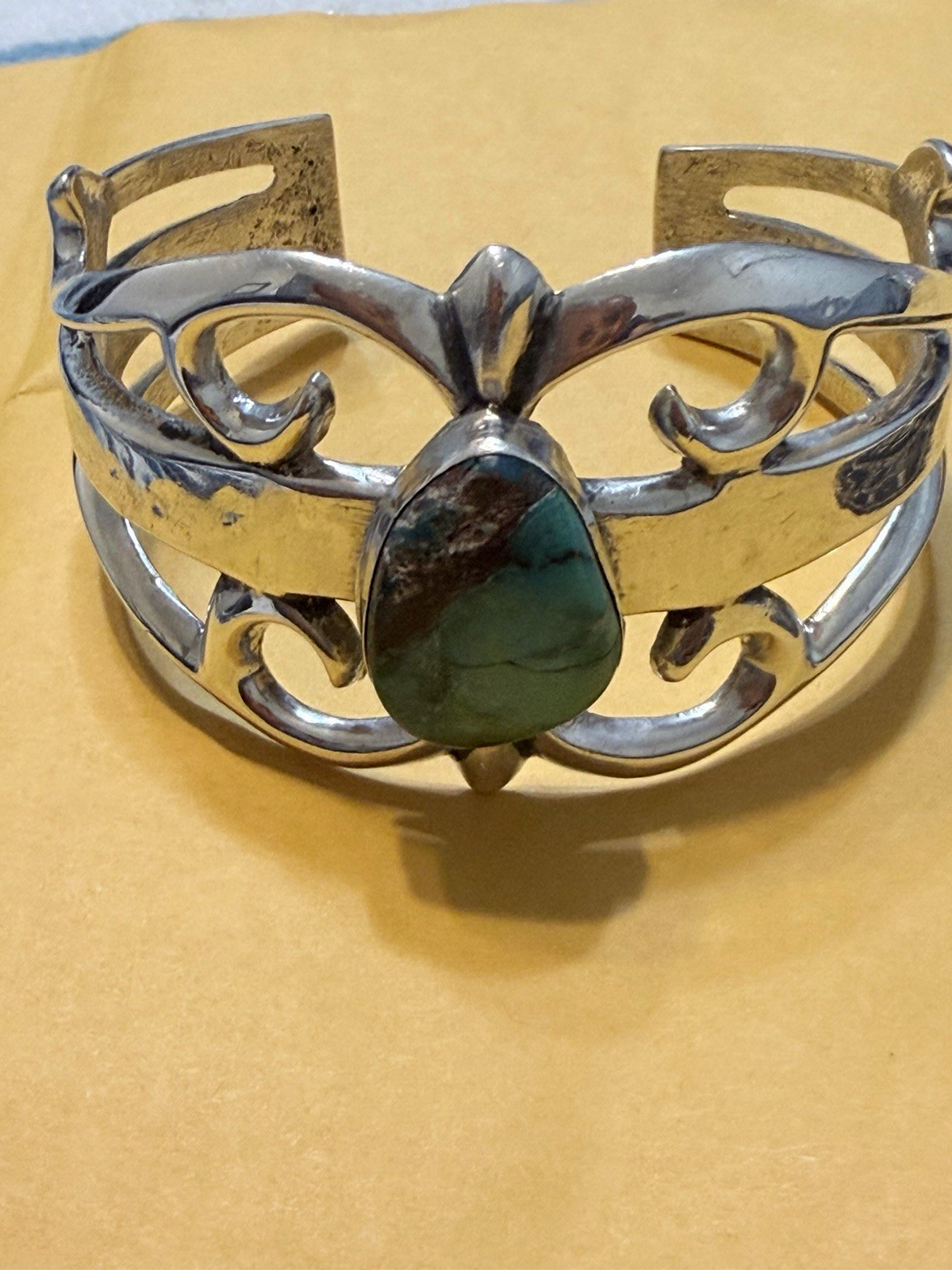 Navajo Sterling Silver Stamped Cuff Bracelet with Green Stone Cabochon