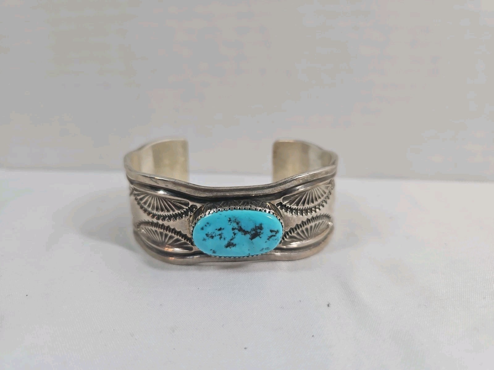 Vintage Navajo Kenneth Bill Sterling Silver Stamped Turquoise Cuff Bracelet