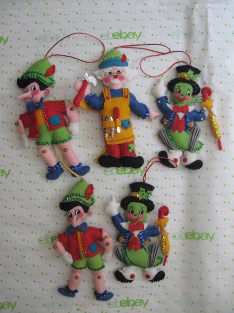 Vint handmade 5 Bucilla Christmas Jeweled Holiday Ornaments PINOCCHIO & FRIENDS
