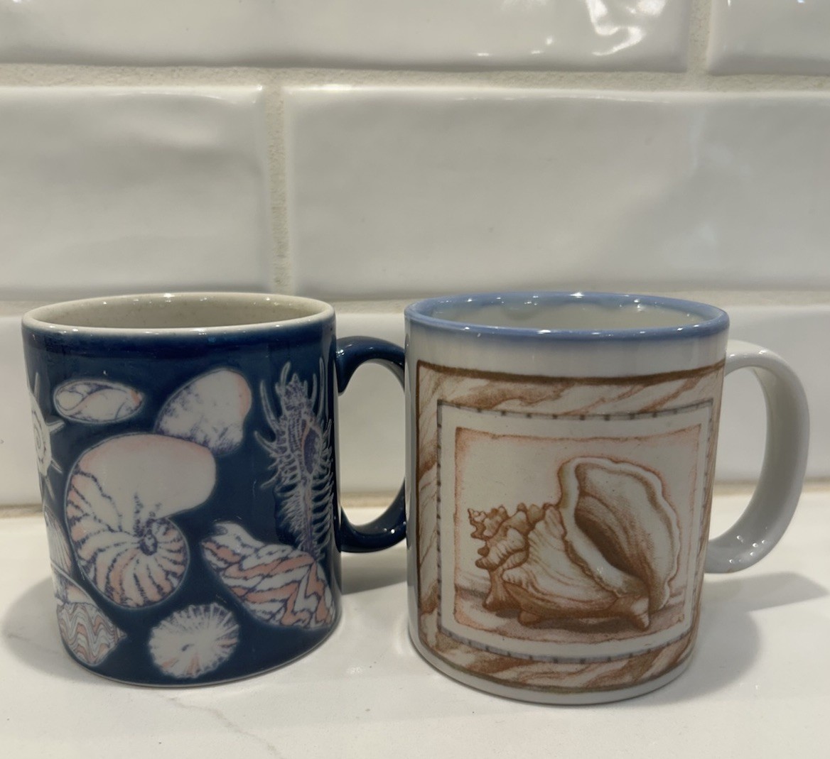 Vtg Otagiri Japan 70 Blue Ceramic Mugs Coffee Cups with Seashells - Set of 2