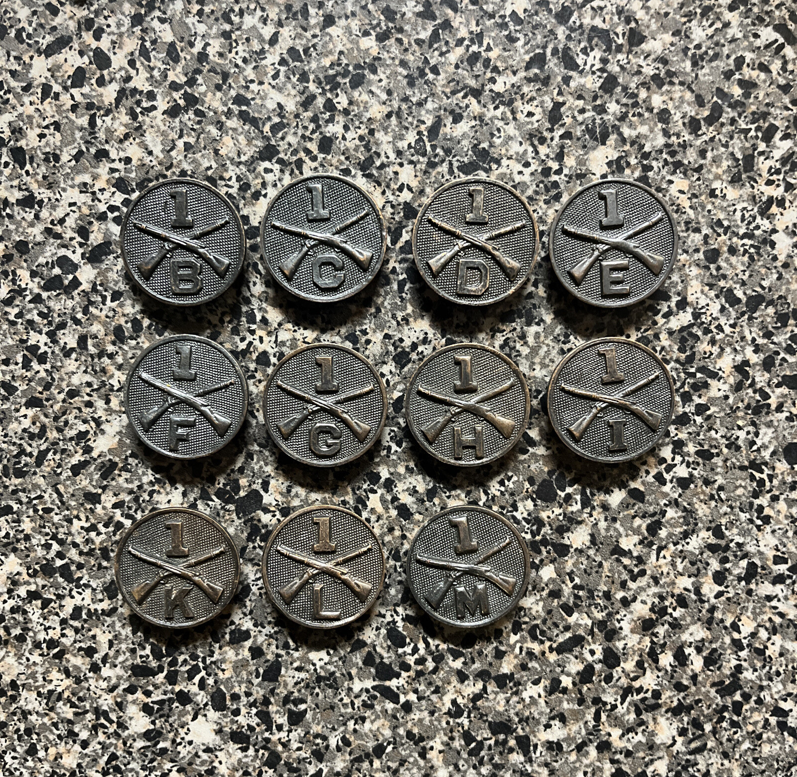 WWI US 1st Infantry C D E F H G I K L  Company Collar Disc Insignia Disk Lot x11