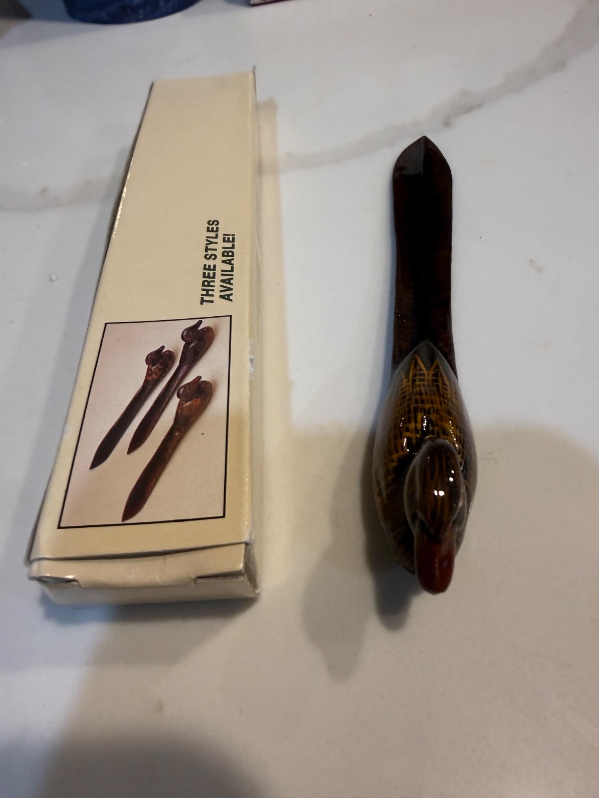 ⁠Vintage Hand Carved Wooden Duck Letter Opener Bird Envelope Opener w/ Box⁠