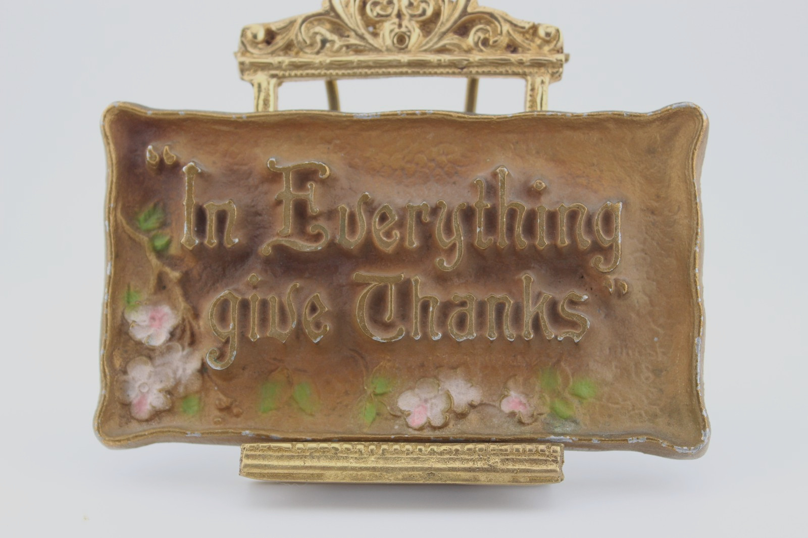 Near antique 1928 A E Mitchell cast metal bible verse plaque 1 Thessalonians5:18