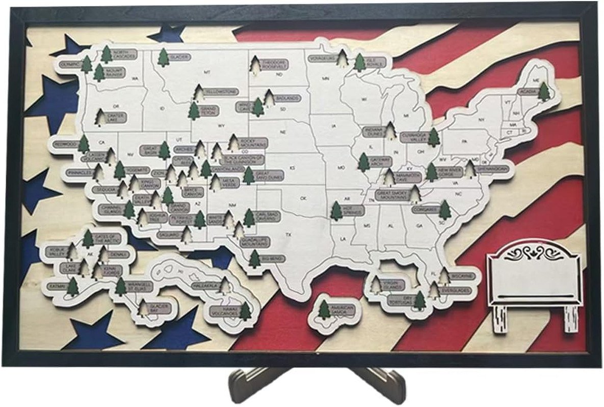 US National Park Wood Map Tracker with US Flag Background - National Park Checkl