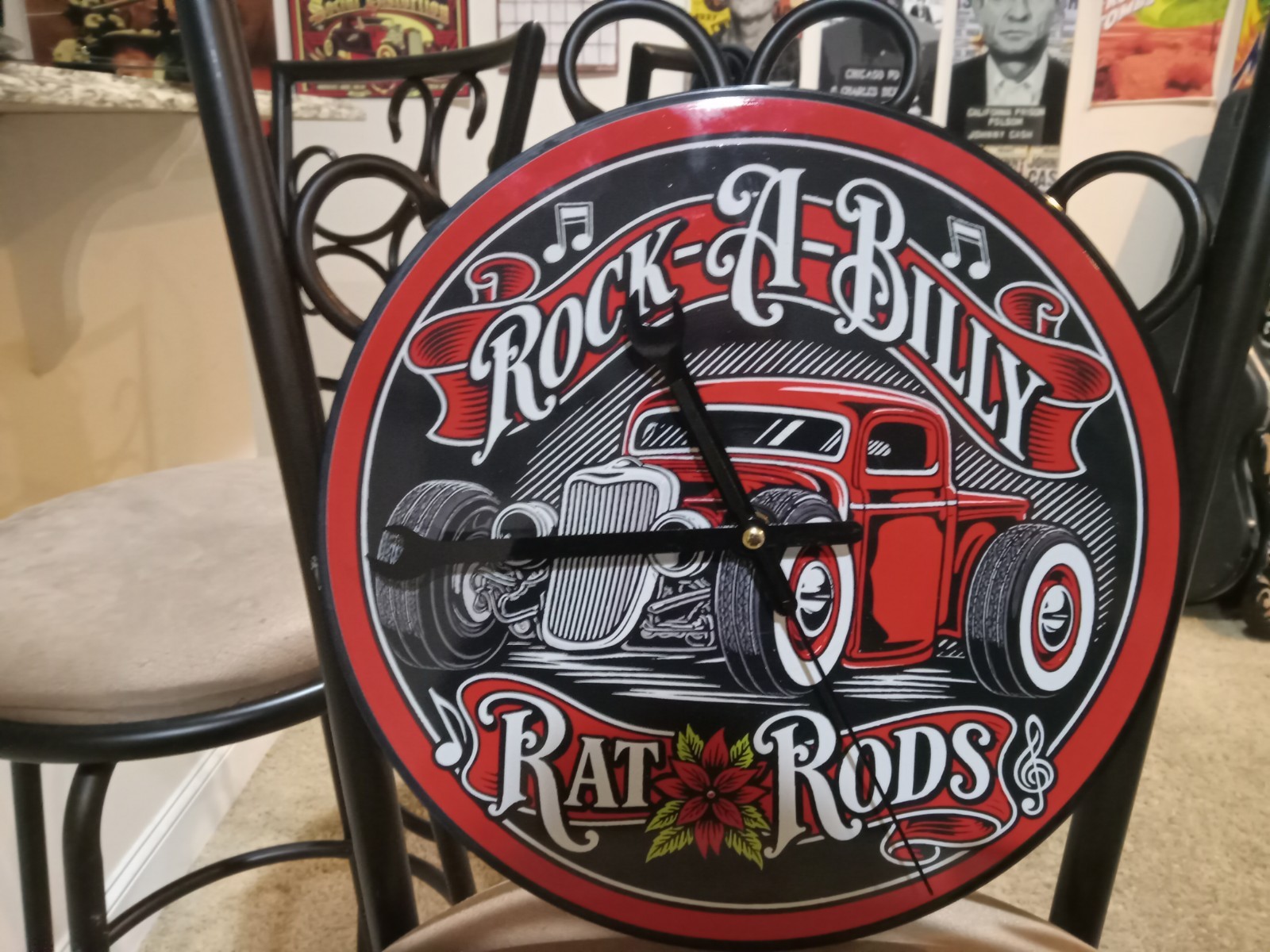 RockaBilly Rat Rod UV Pronted Record Clock. Very Rare.. Requires  1 AA Battery