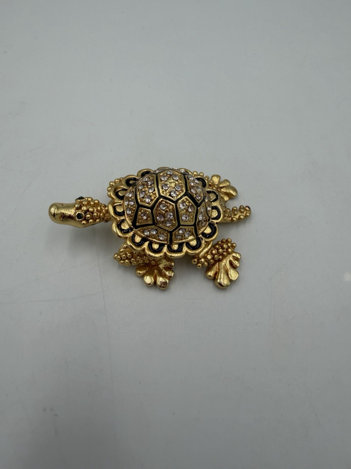 Vintage Bejeweled Gold Turtle Trinket Box Rhinestone Orange Enamel Inside 