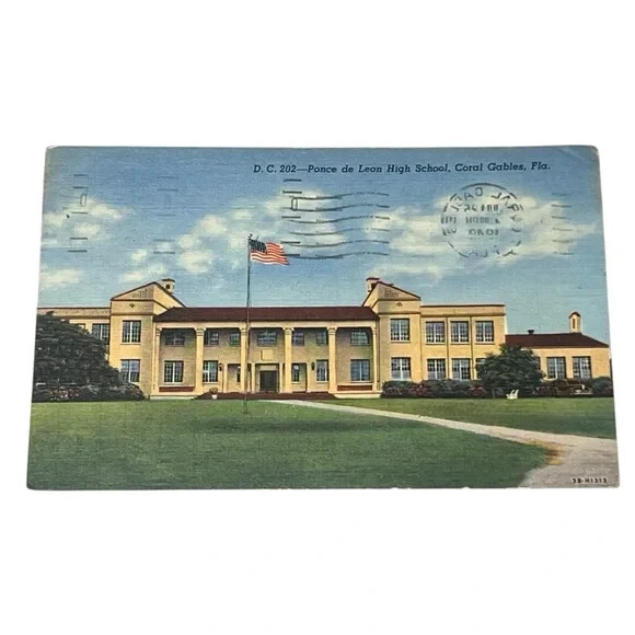 Postcard Ponce de Leon High School Coral Gables Florida c1949 Linen B773