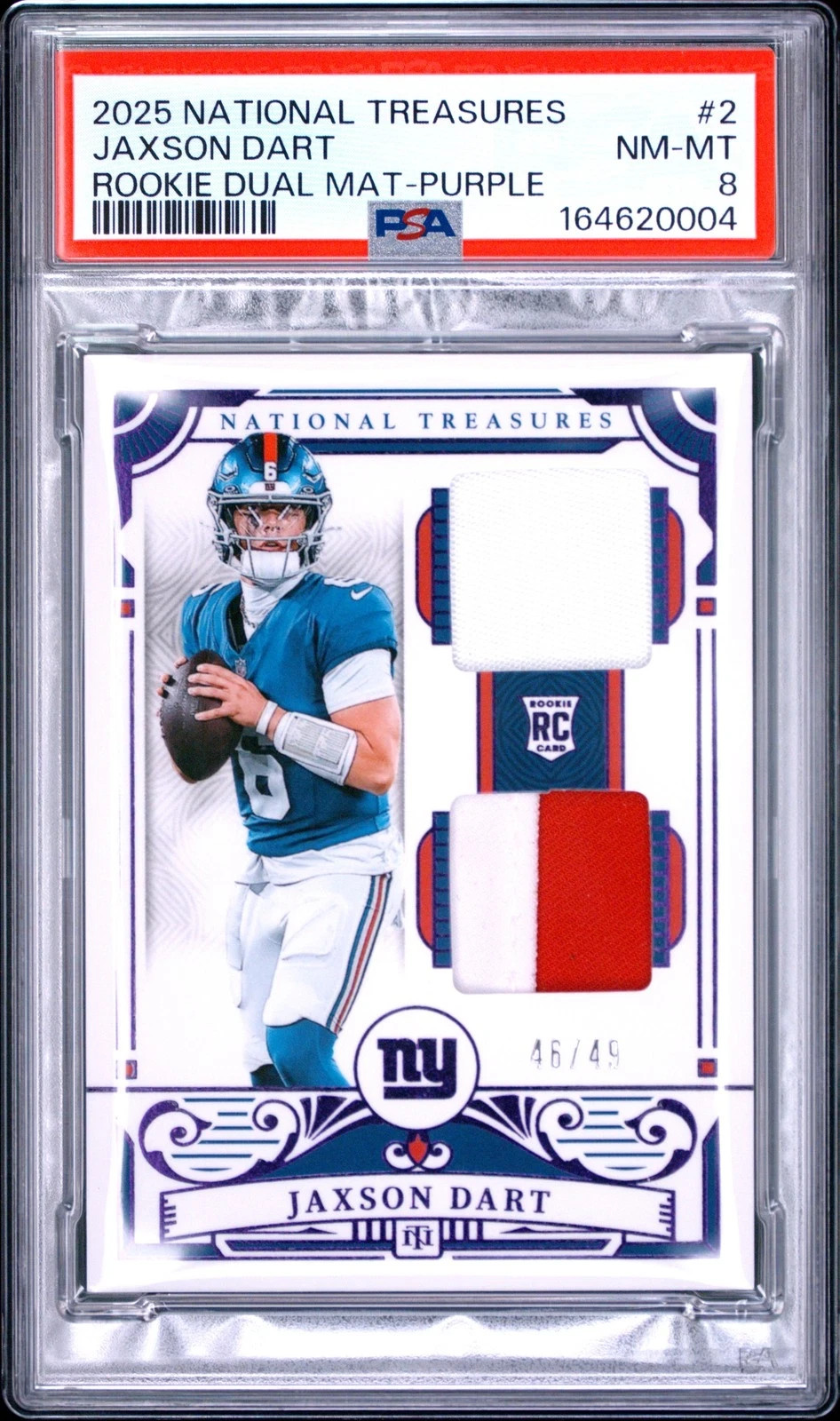 2025 NATIONAL TREASURES ROOKIE DUAL MATERIALS PURPLE #2 JAXSON DART 46/49 PSA 8
