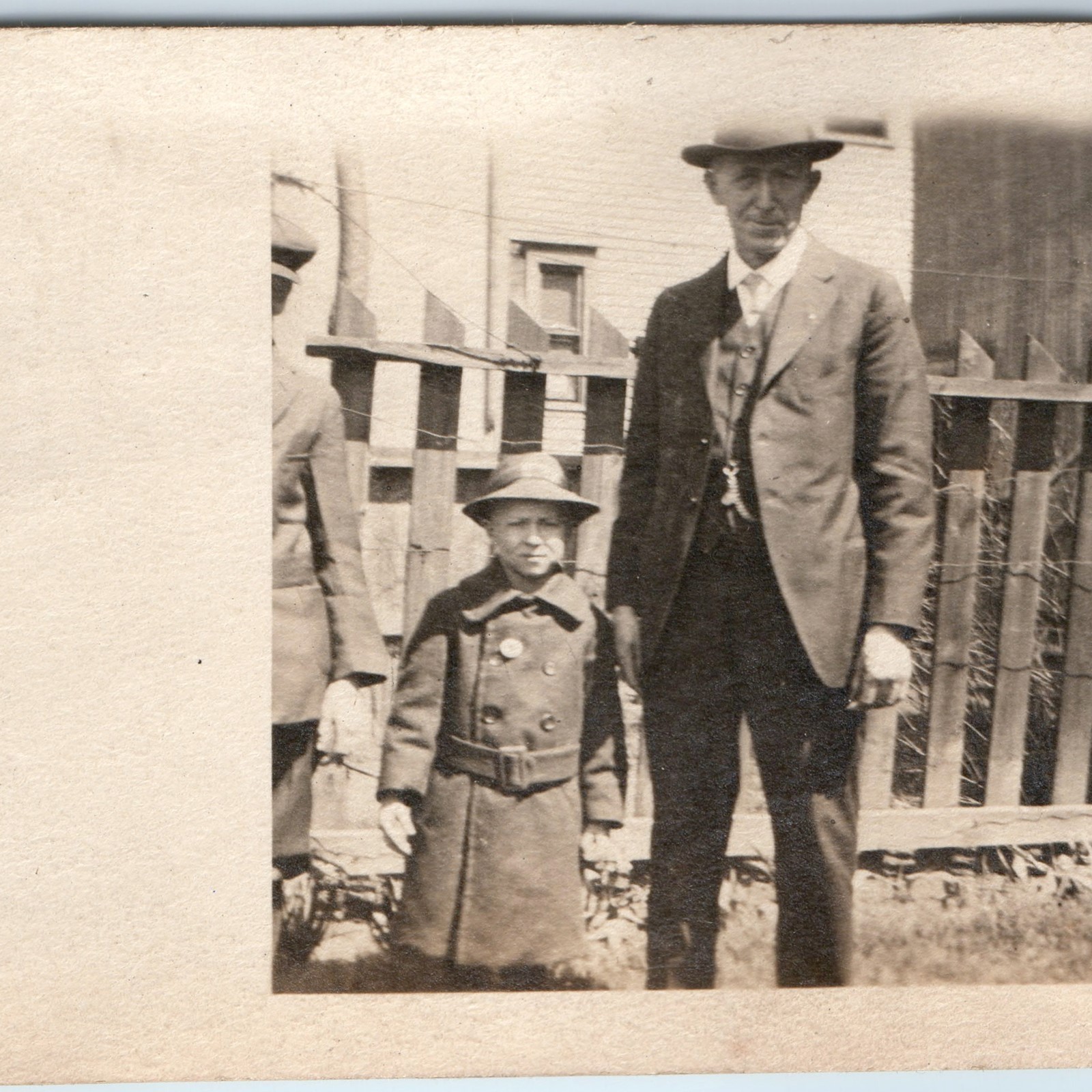 c1920s Cute Boy Trench Coat Hat Snapshot Photo Grandfather Man Suit Watch Chain