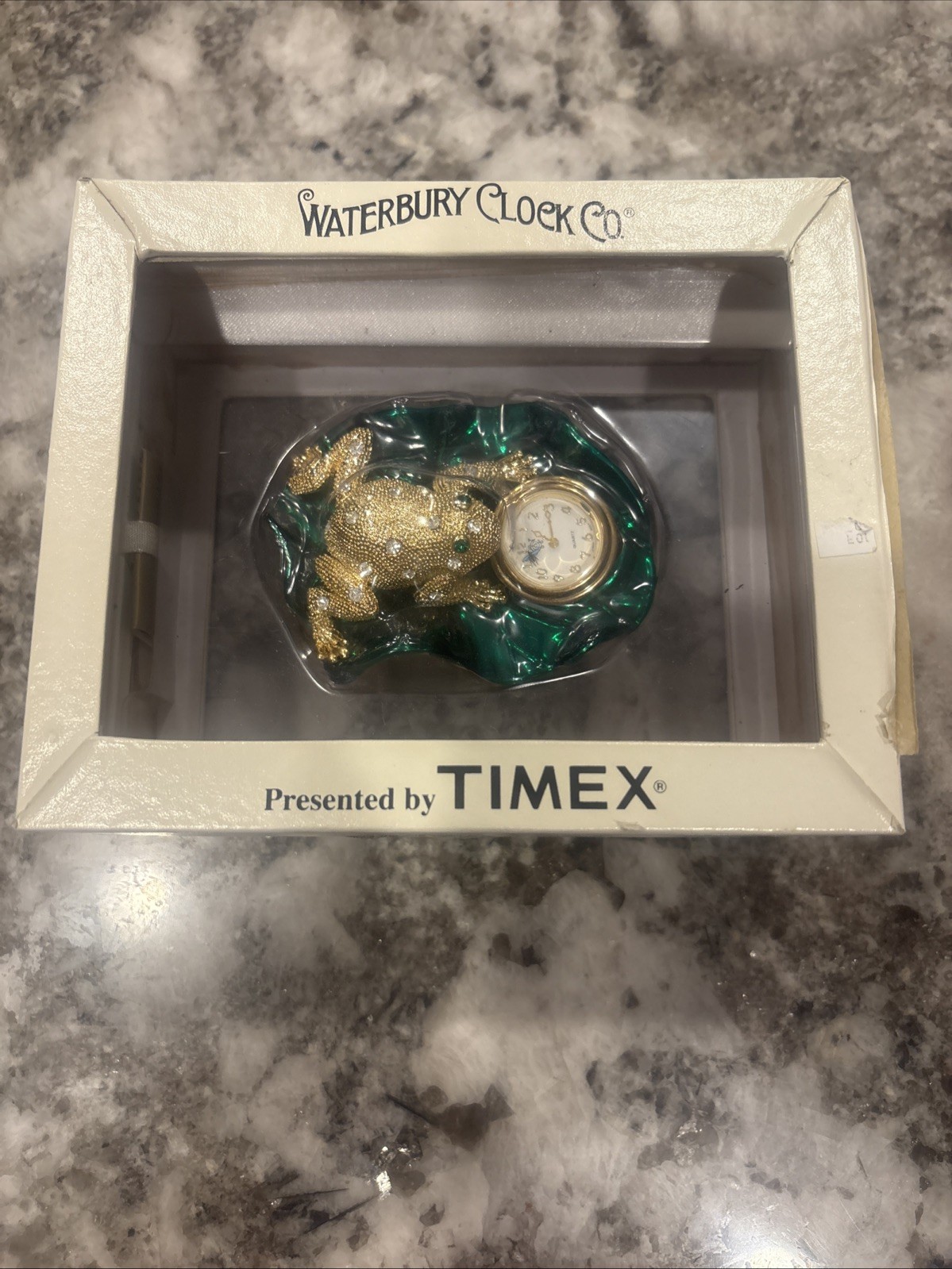 Waterbury Clock Co. Gold Bejeweled Frog Lilly Pad Snall Desk Clock Box & Instr