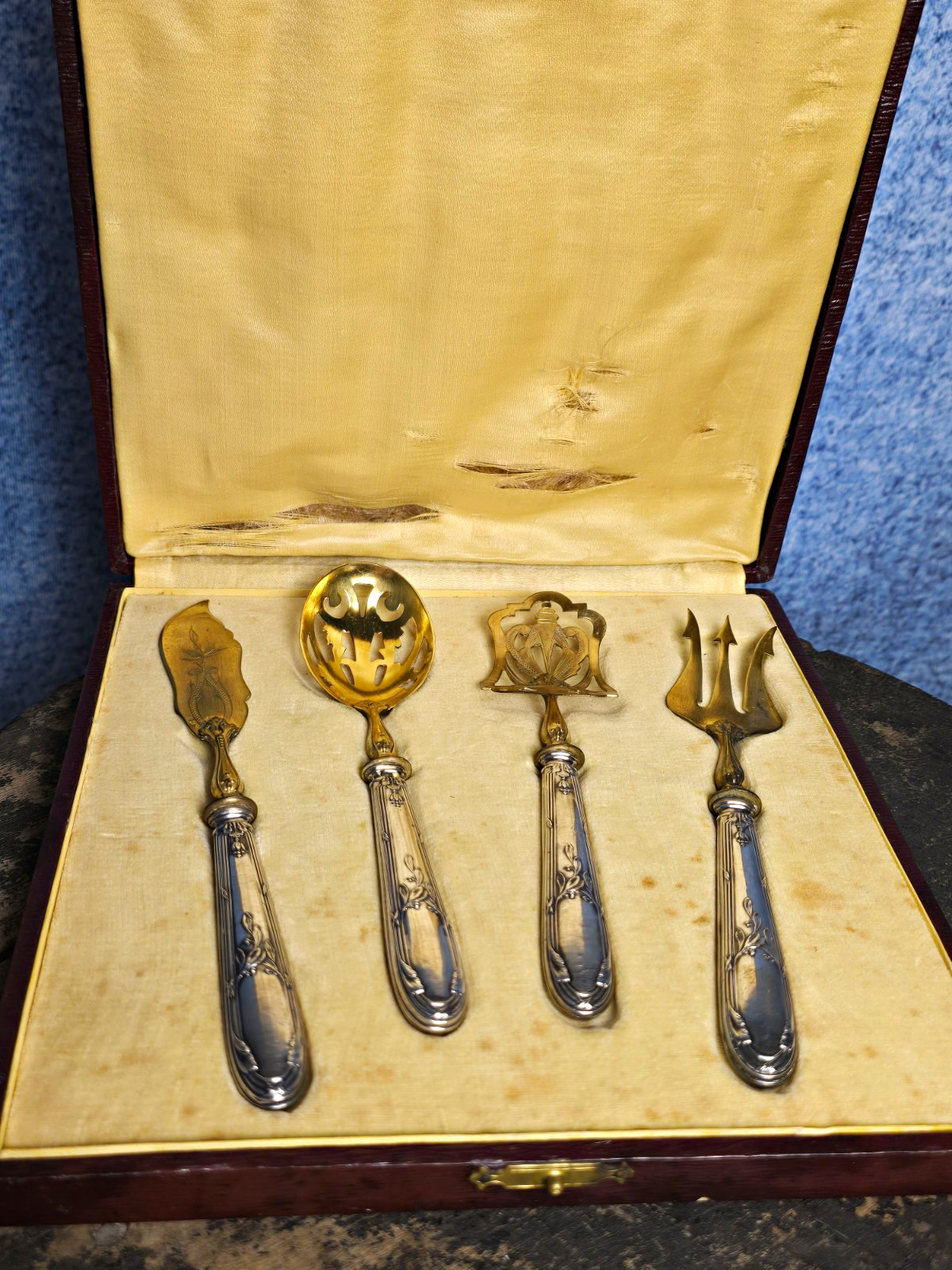 Antique French Silver Gilt Hors d\'Oeuvre Serving Set 4 Piece Original Box