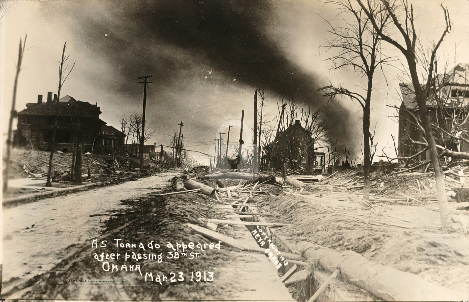 Tornado at 38th St., Omaha, NE 1913 RPPC Photo Postcard Copy