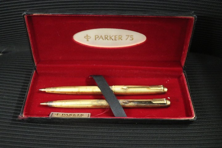 Vintage Sterling Silver Parker 75 Ballpoint Pen & Pencil Set Orig Box Goldtone 