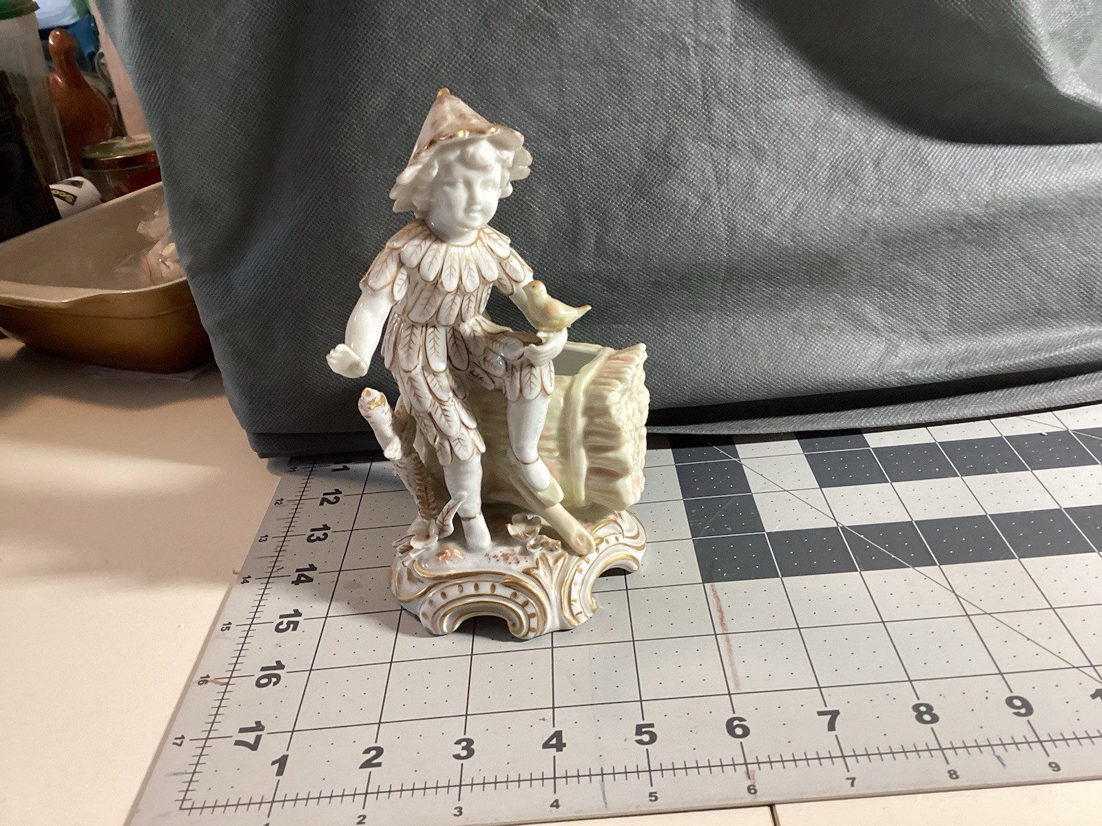 Volkstedt German Porcelain Figurine Boy Vase with Flowers Gold Trim Vintage