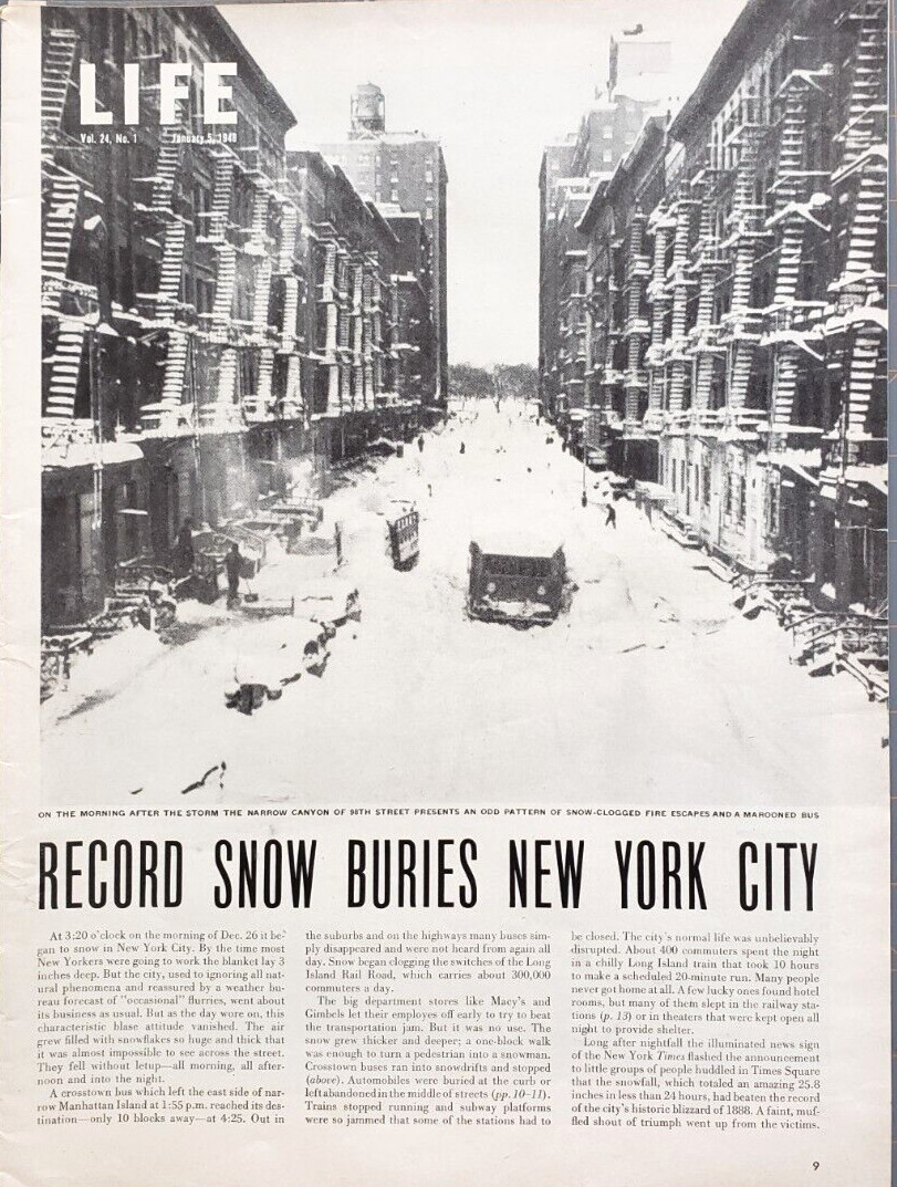 PRINT ARTICLE Record Snow Buries New York City 1948 5 Pages