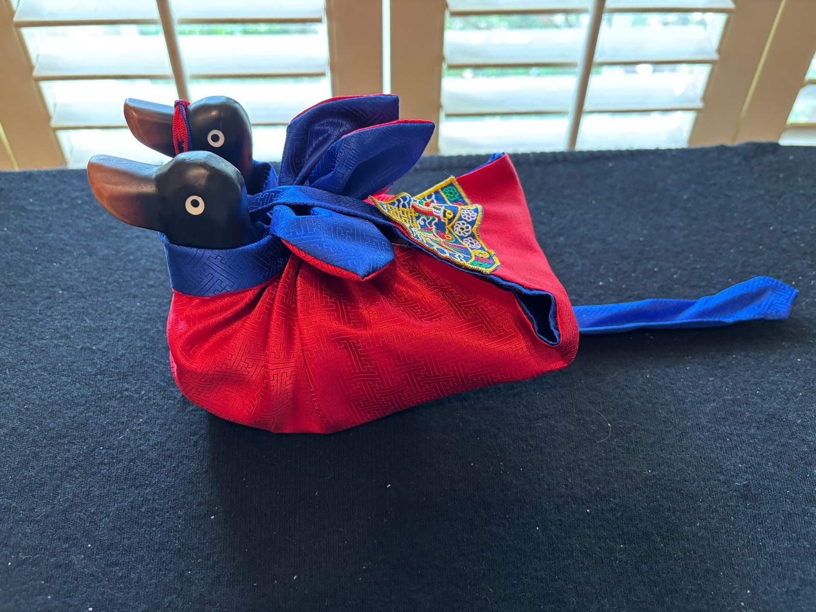 Authentic Korean Wedding Ducks Wooden Hand Carved w/ Traditional Bojagi Wrapping