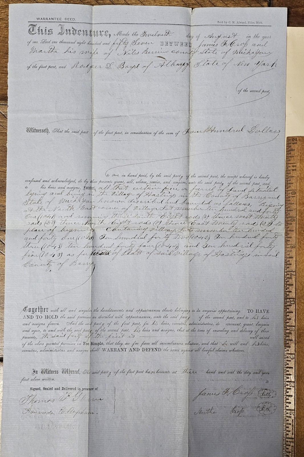 1857 Michigan Warranty Deed Rodger D Boyd Grandson of Congressman Alexander Boyd