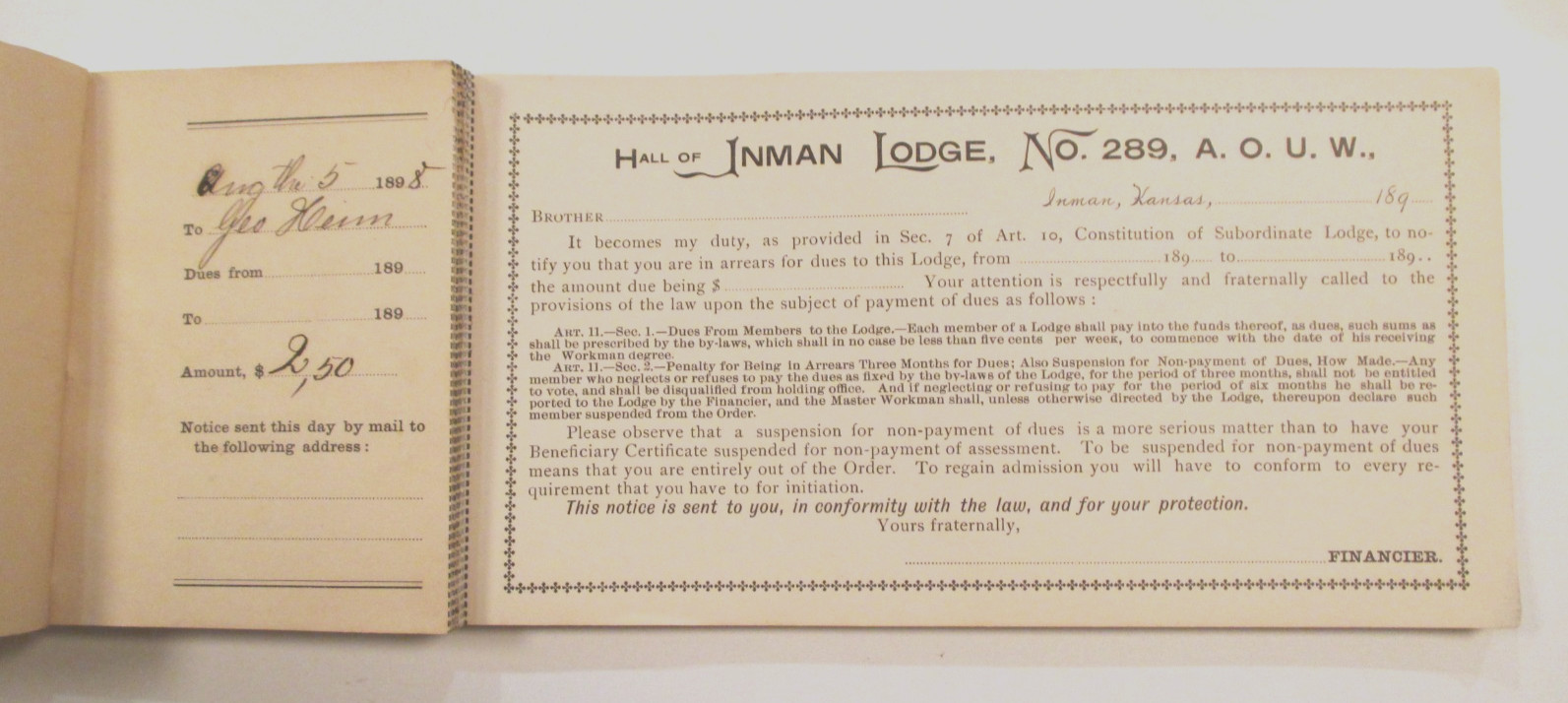 1890s A O U W American Order of United Workman INMAN KANSAS LODGE RECEIPT BOOK