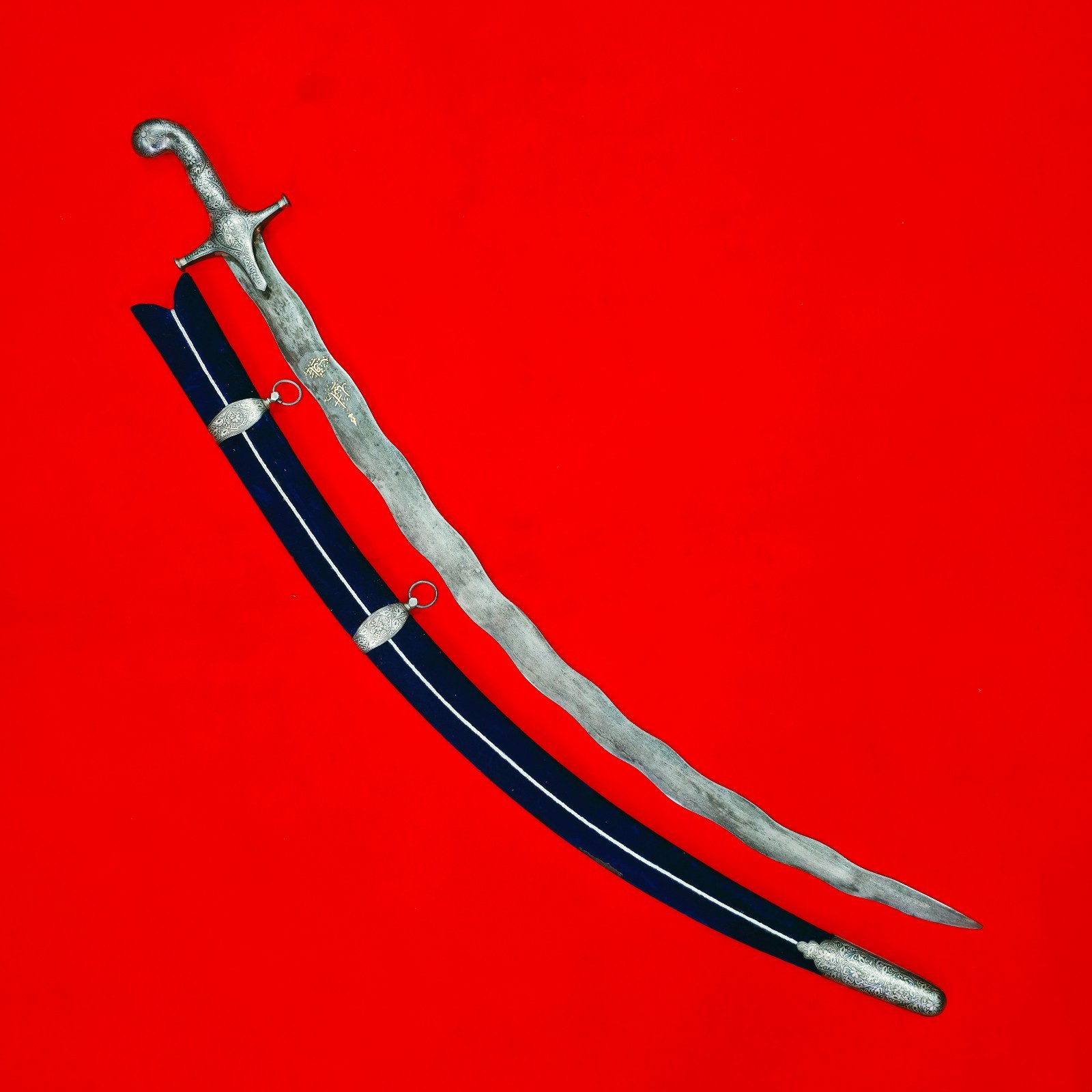 Vintage Indo-Persian Mughal Islamic Koftgari Serpentine Damascus Sword Shamshir