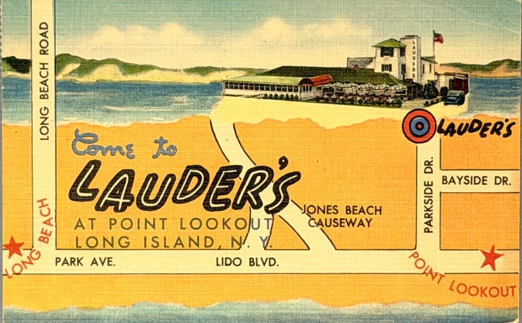 Vintage Postcard Lauder's Point Lookout Long Island NY Linen Map Restaurant Rare