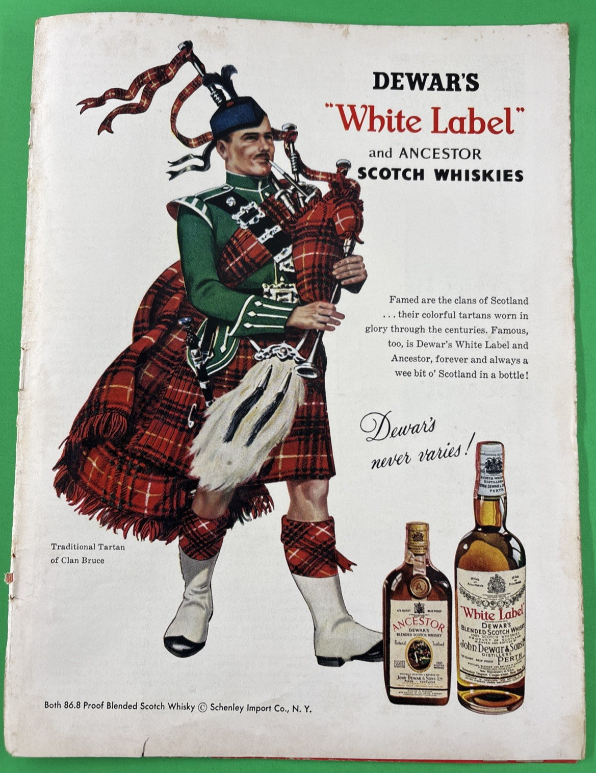 1956 Clan Bruce Tartan Bagpipes Piper Dewar\'s Scotch Whisky Vintage Print Ad