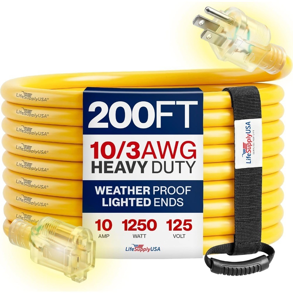 200ft Heavy Duty 10/3 Gauge Extension Cord Outdoor Indoor 3 Prong SJTW