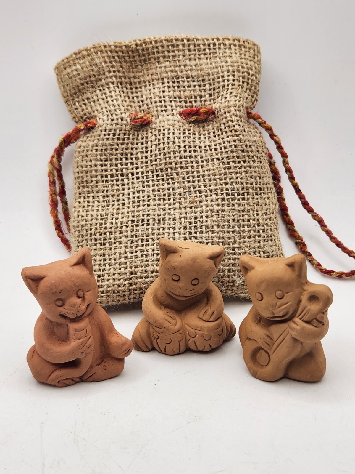 Vintage Terracotta Clay Cat Band Musicians Mini Figurines Set of 3 W/ Burlap Bag