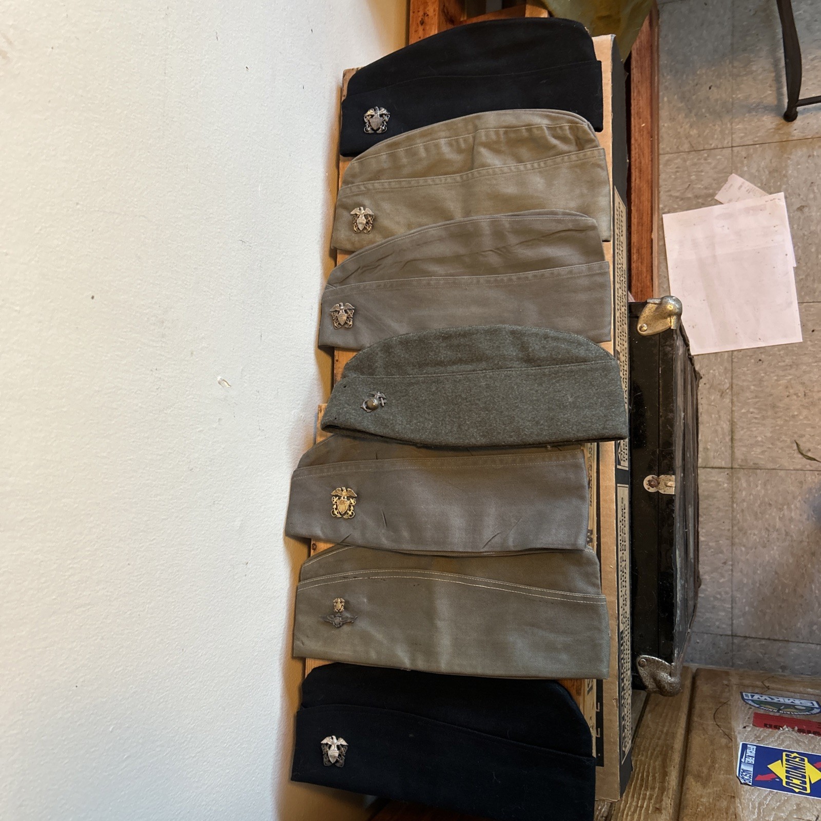 WW2 US NAVY Caps With ORIGINAL Rank Pins + 1 FREE USMC Cap 7 Total