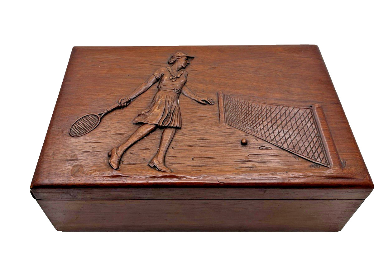 Large Vintage Carved Wooden Box - Tennis Theme - Female Player Relief Carving
