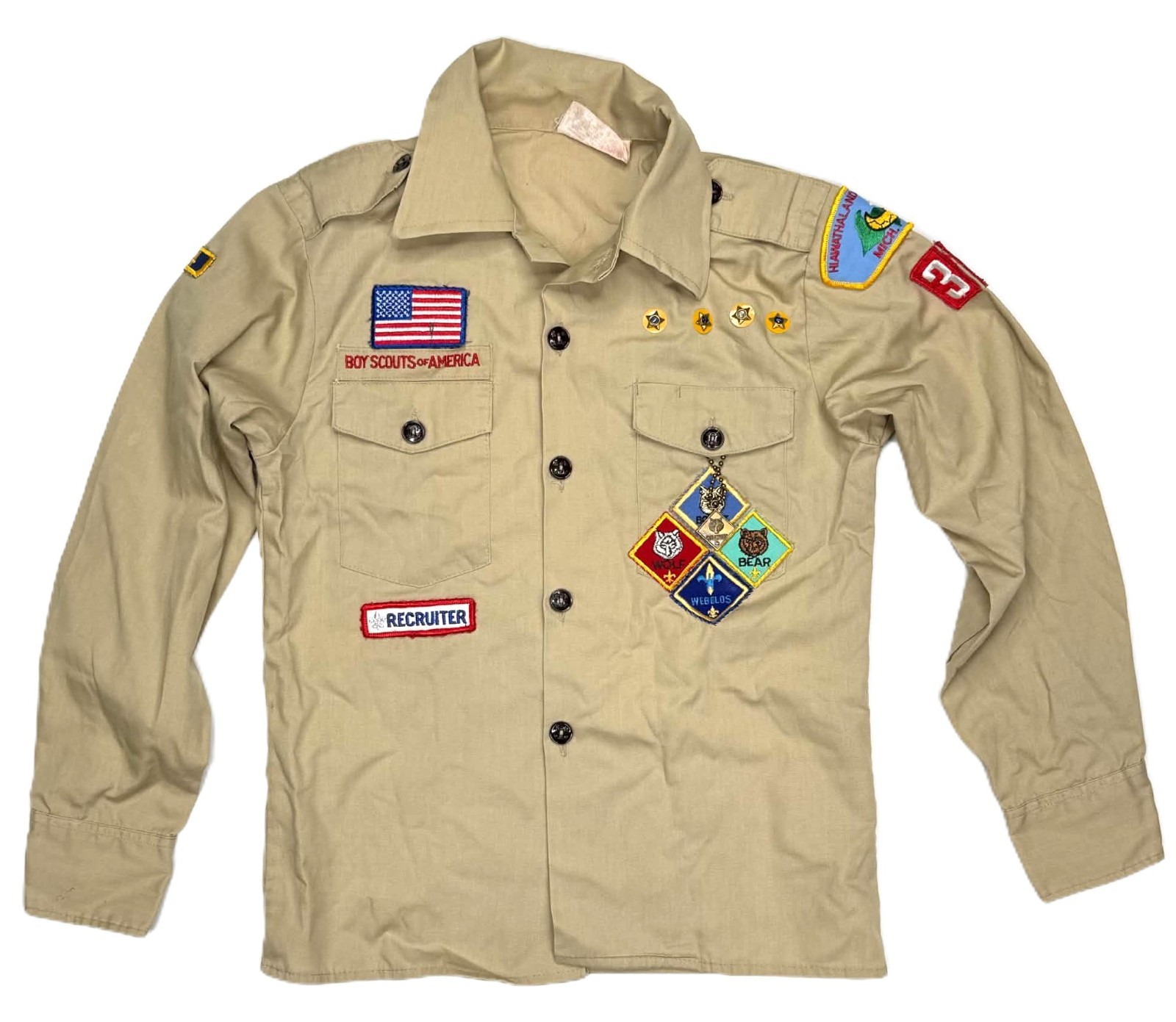 Boy Scouts of America BSA Shirt Long Sleeve Button w/ Patches Vintage 80s 