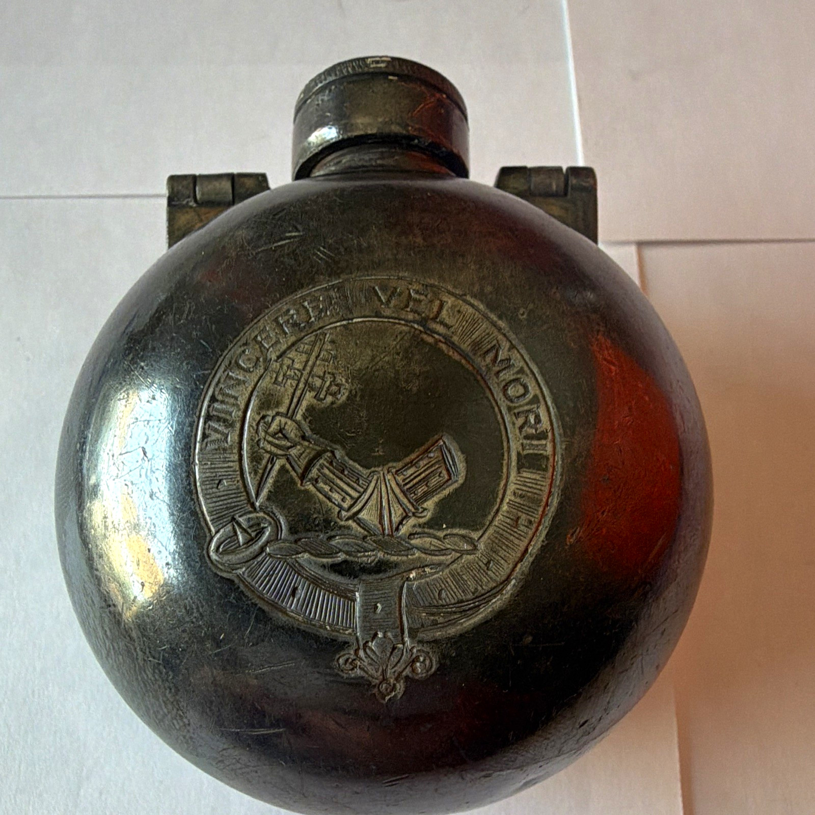 Vintage 1890s Round silver Flask w/ Hinged Handle, Embossed Crest & Monogram