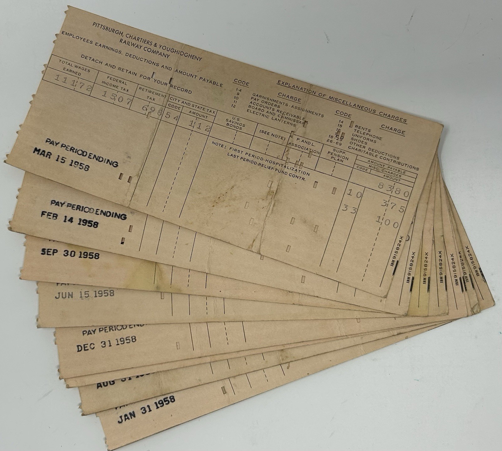 9 Pittsburgh Railway Chartiers & Youghiogheny Company Pay Stub 1958 AA4