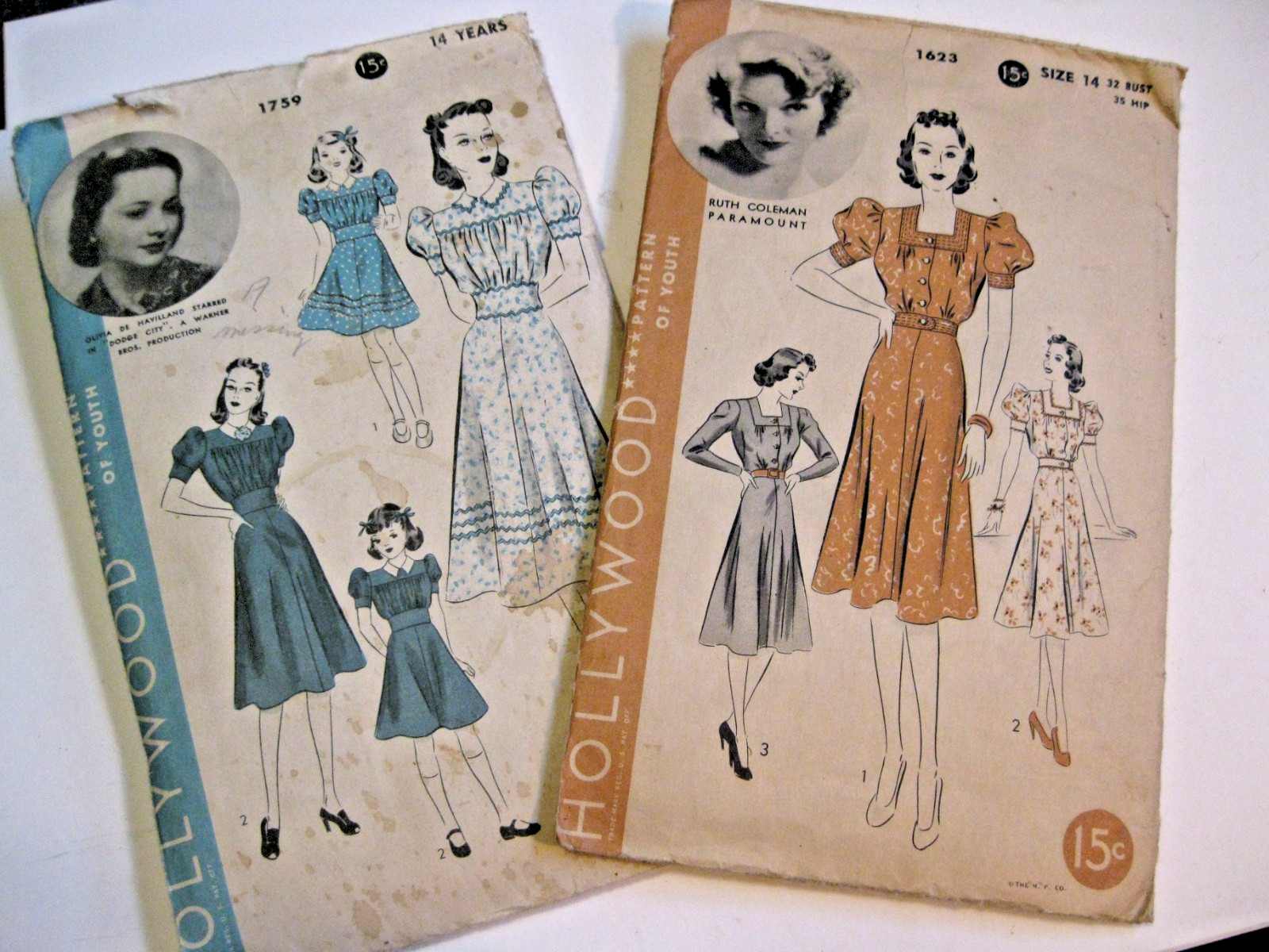 Vintage 1940s Hollywood Patterns #1623 & #1759 Size 14 Dress/Frock