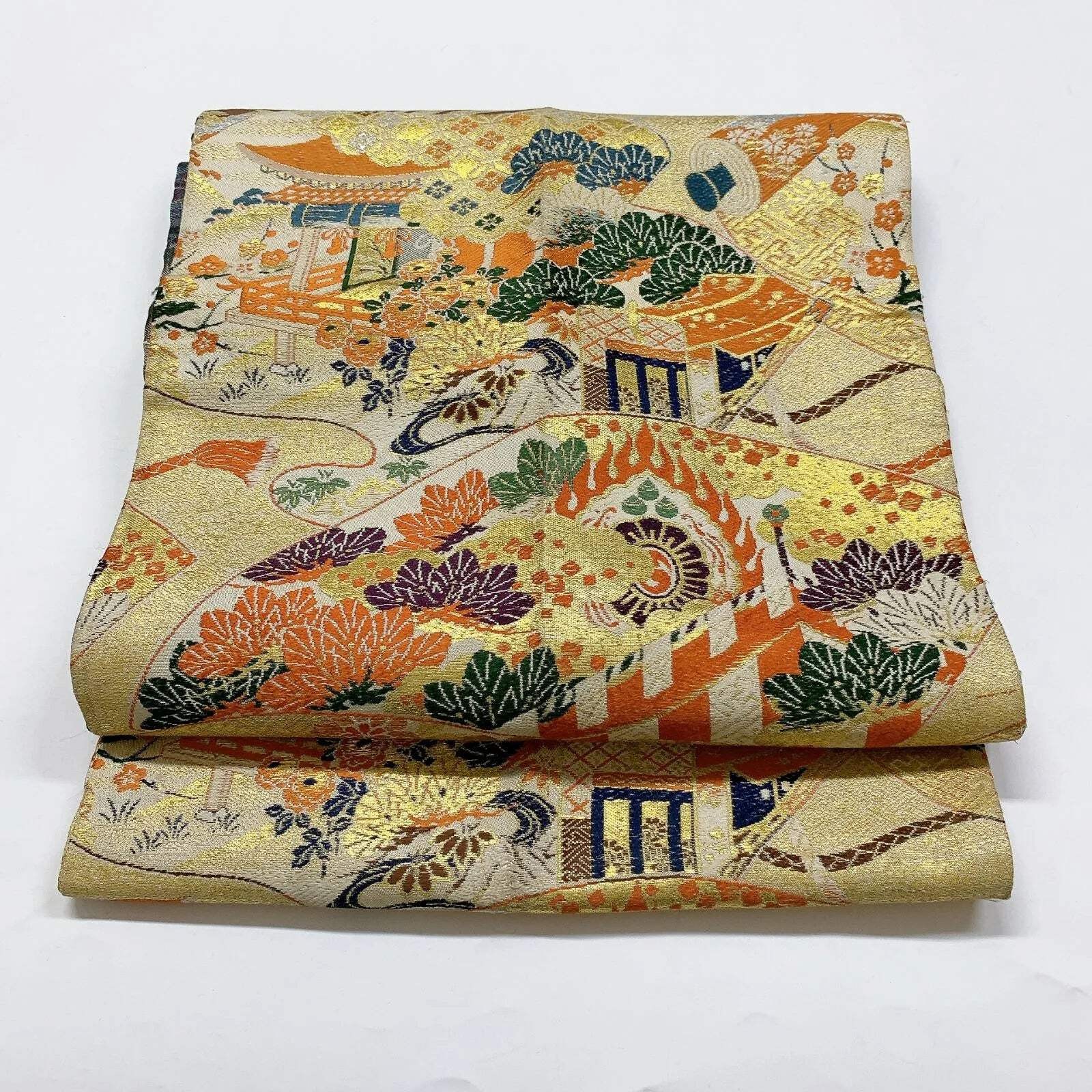 7355# Japanese Antique Nagoya Obi Belt Kimono Fabric Silk Traditional Embroidery