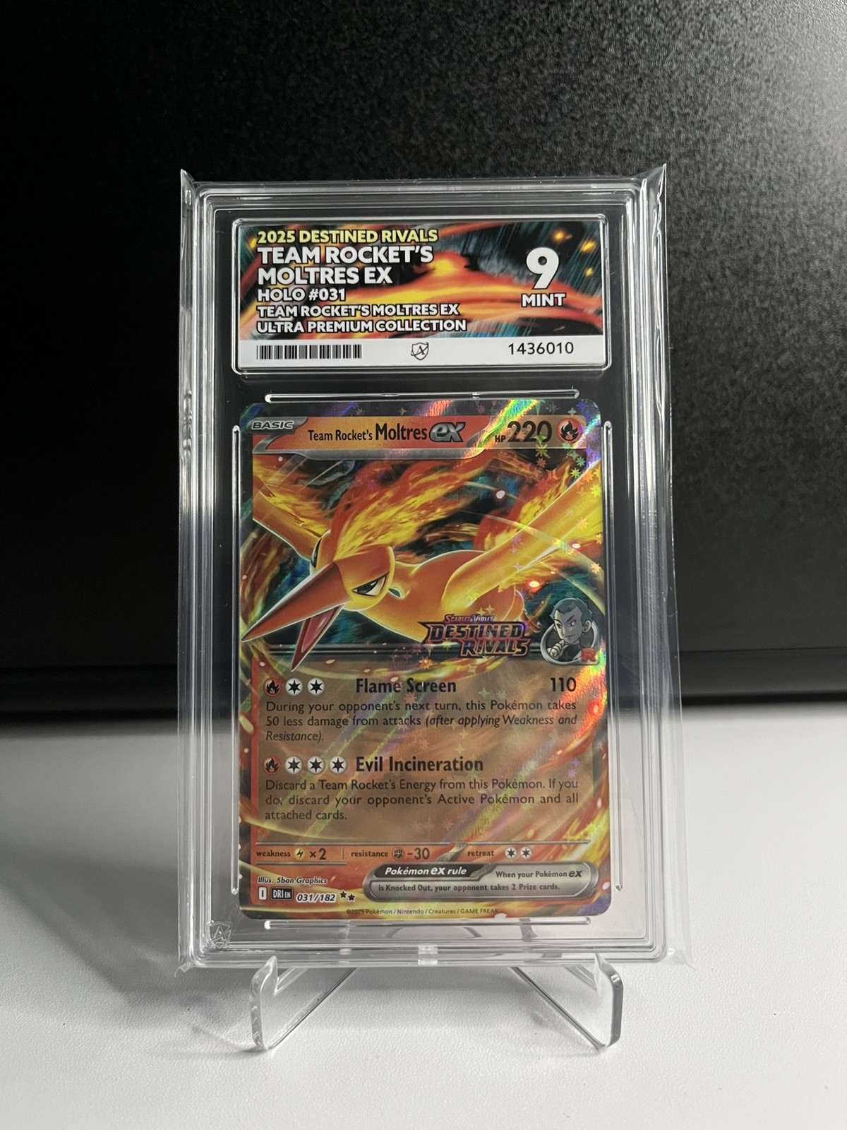 2025 Pokemon Destined Rivals 031/182 Team Rocket\'s Moltres ex UPC Stamped ACE 9 2025 Pokemon Destined Rivals 031/182 Team Rocket\'s Moltres ex UPC Stamped ACE 9