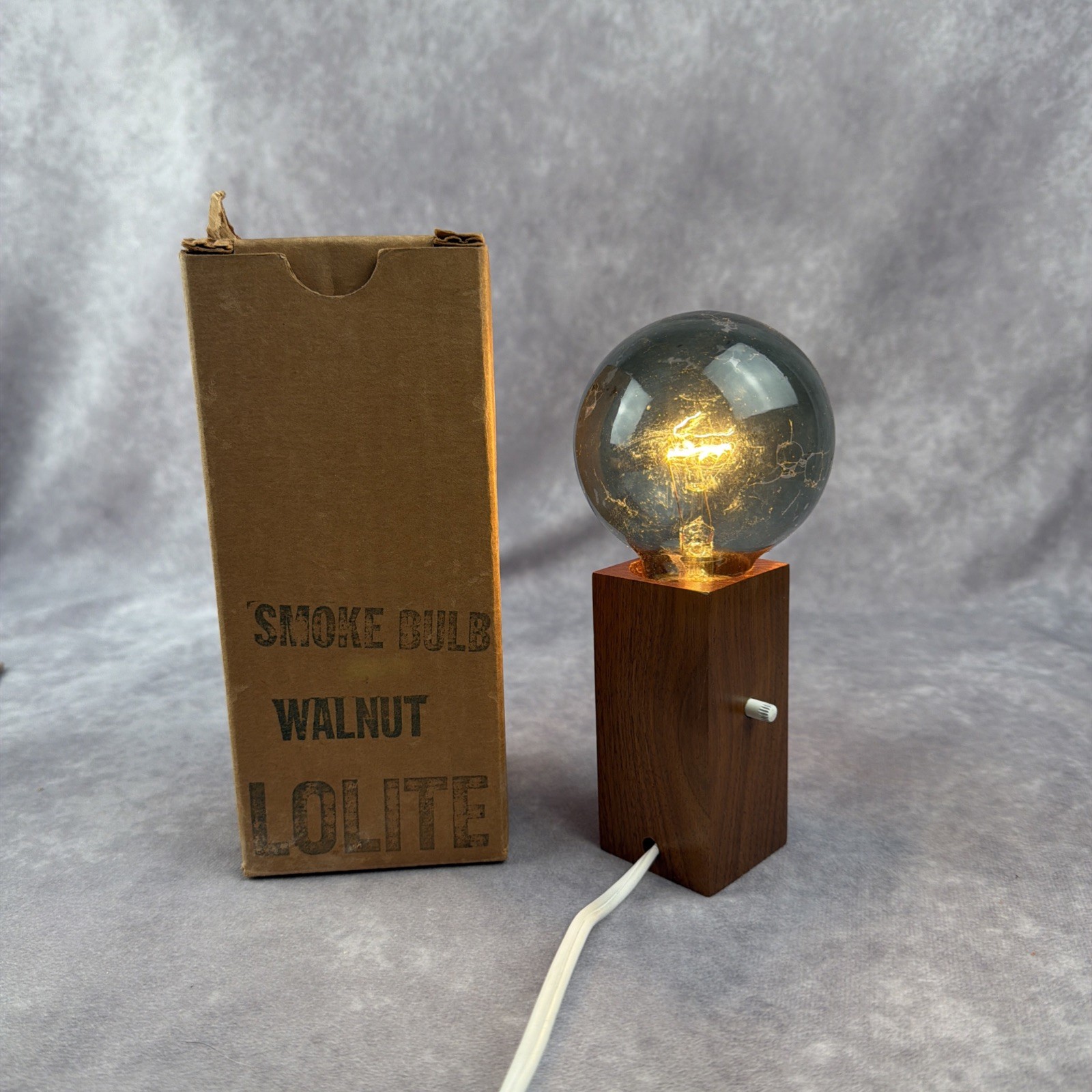 RARE 1966 Bill Curry Lo-Lite Design Line Walnut Smoke Bulb Lamp MCM Orig Box