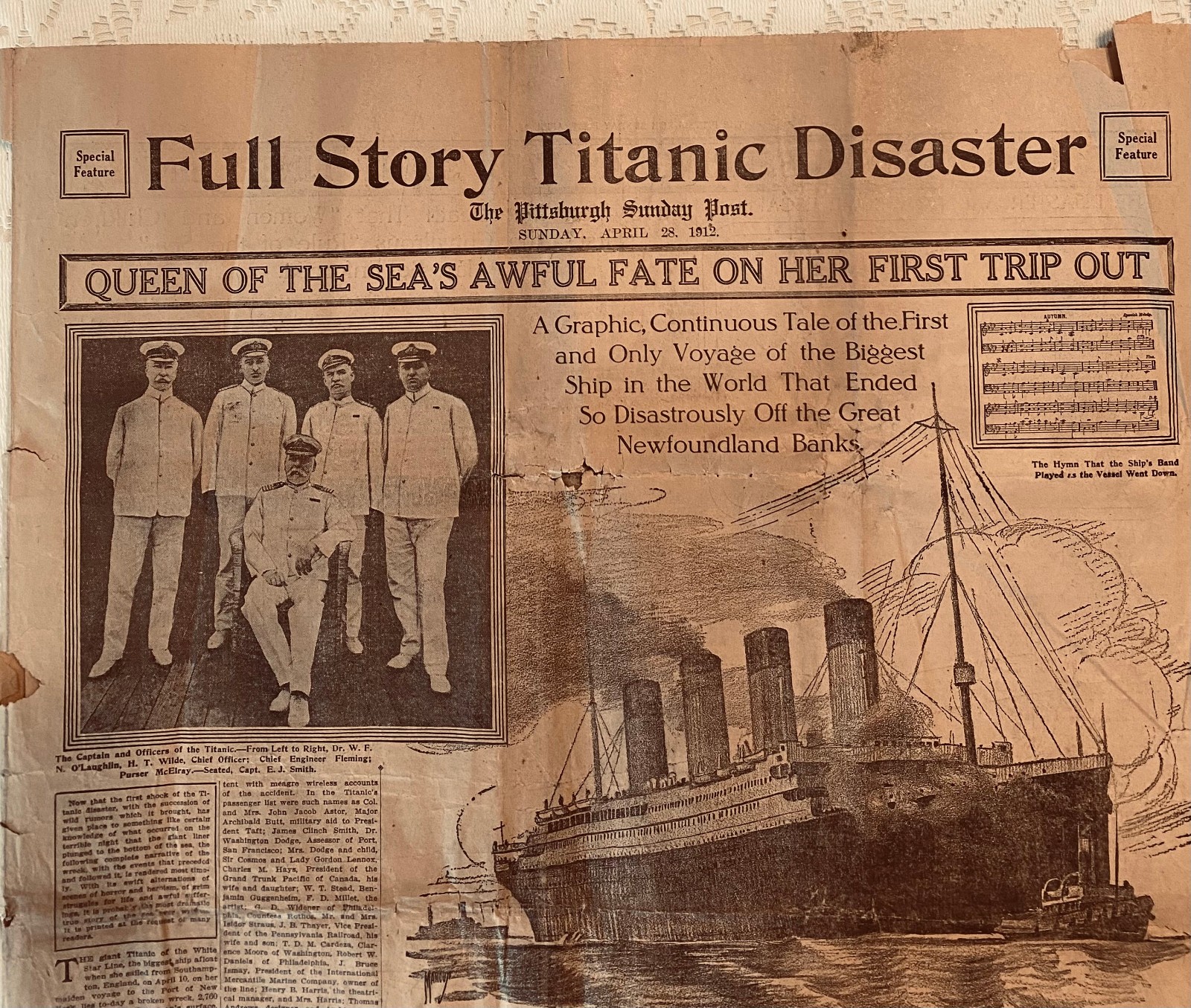 The Pittsburgh Sunday Post Newspaper/Titanic/Sunday April 28, 1912/Original